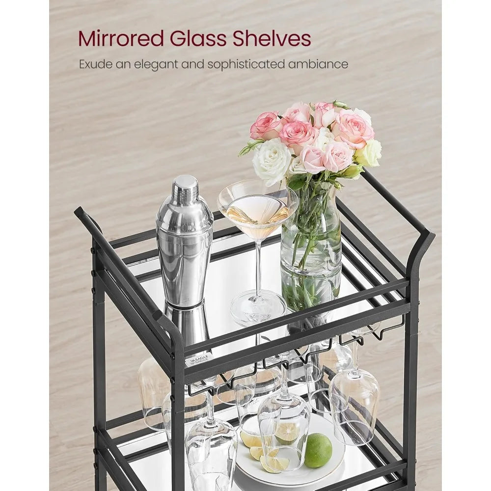 VASAGLE Small Bar Cart with 3-Tier Shelf, Wine & Glass Holders, Mini Bar Cart for Small Spaces, Kitchen, Dining Room, Living Room.
