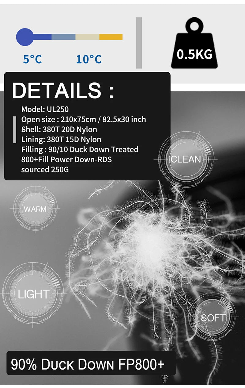 Kamperbox Ultralight Down Sleeping Bag UL250 for Camping Outdoor Adult Duck Down Filled Mummy Style 3 Season Spring Autumn Winter