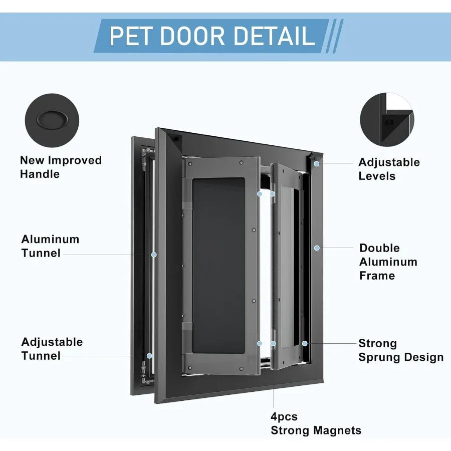 Heavy duty aluminum exterior dog door with strong double magnetic flaps designed for medium sized dogs up to 40 lbs.
