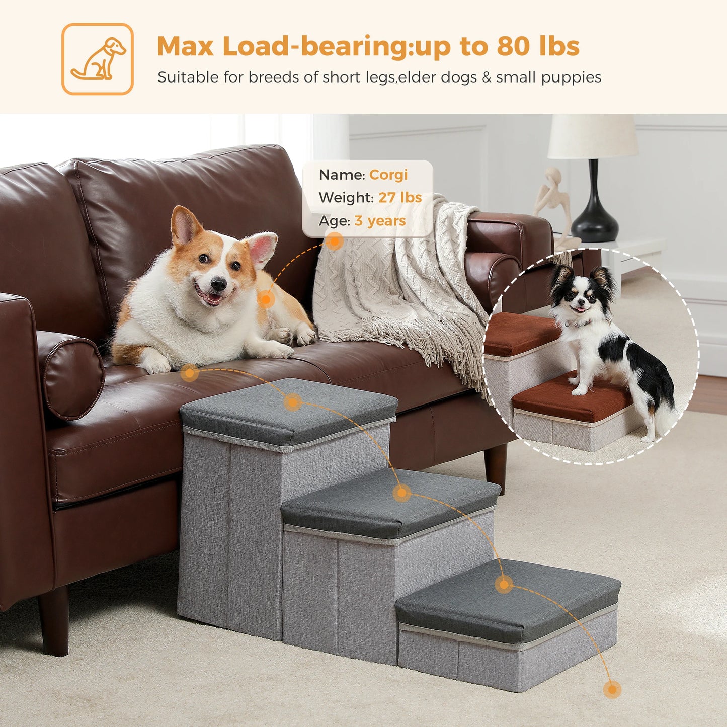 3-Tier Foldable Dog Stairs with Storage Adjustable Height Non-Slip Pet Steps for Small Old Dogs And Cats Brown/Grey/Dark Grey