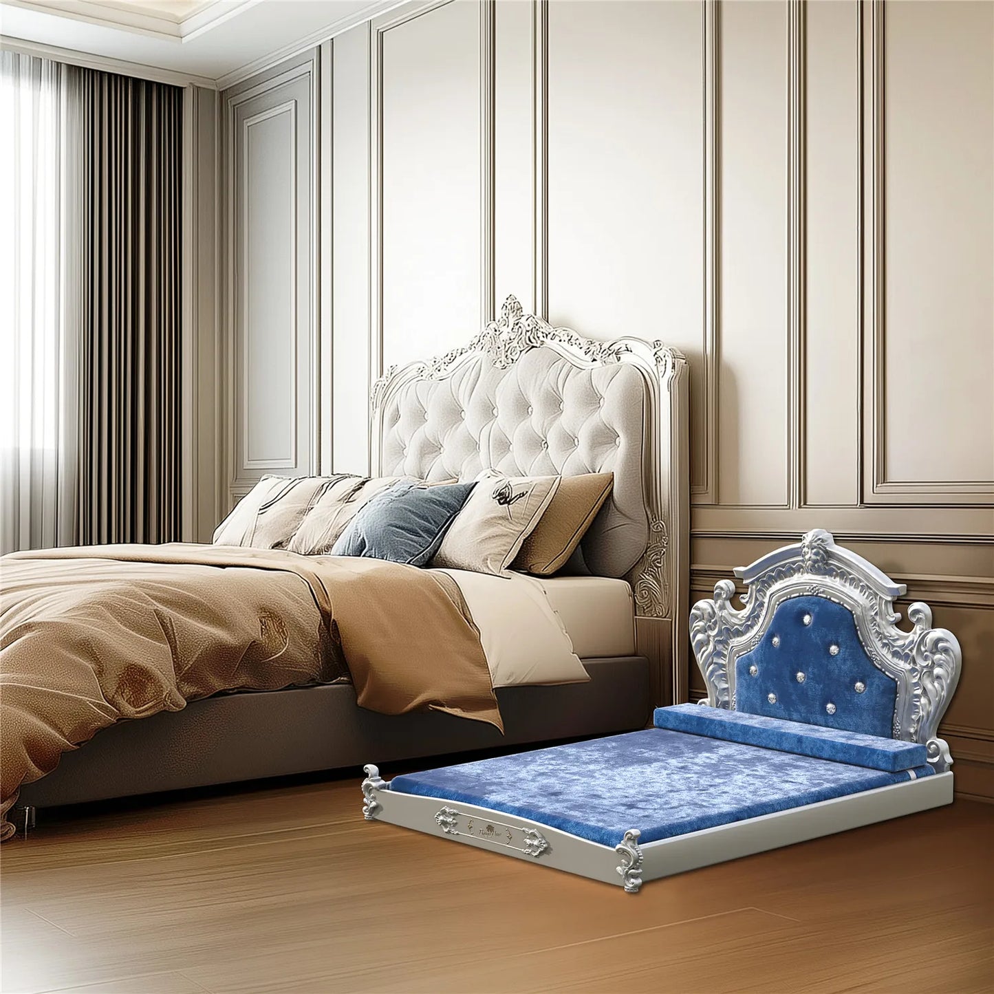 Bingopaw Dutch Velvet Pet Bed with Headboard European Style Luxury Dog Cat Bed for Medium to Large Breeds Eco-Friendly Nylon