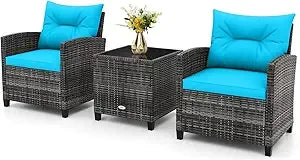3 Piece Patio Furniture Set, Wicker Bistro Conversation Set w/ 2 Cushioned Armchairs & Glass Topped Table, Outdoor Rattan Sofa