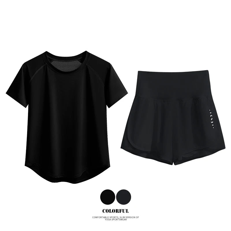 DRUR Women Yoga Set 2 Piece Sports Outfit Short Sleeve Tops