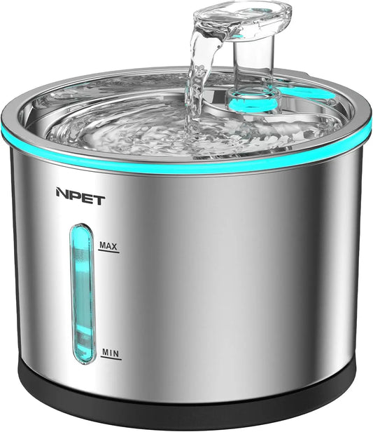 NPET Stainless Steel Cat Water Fountain 50oz 1.5L Dishwasher Safe Pet Water Dispenser with Visible Window Light