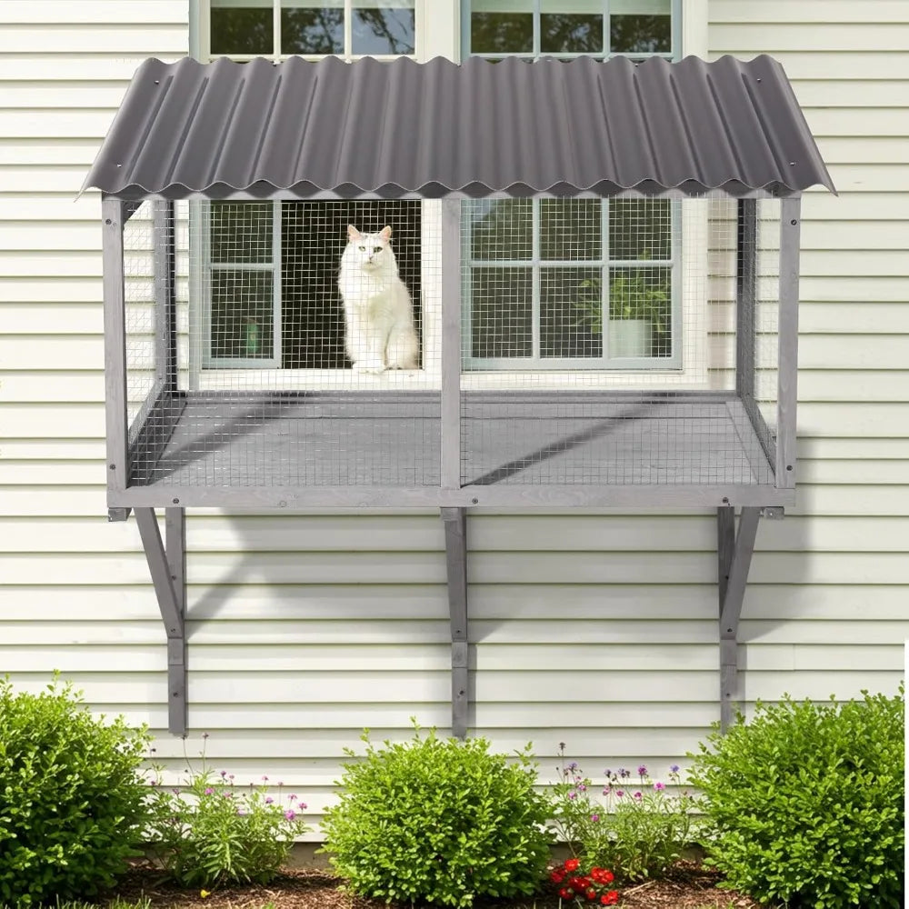 Cat Wall-Mounted Window Enclosure for Indoor Cats, Expandable Wood Small Animal Perch House, Secure and Cozy Outdoor Retreat.