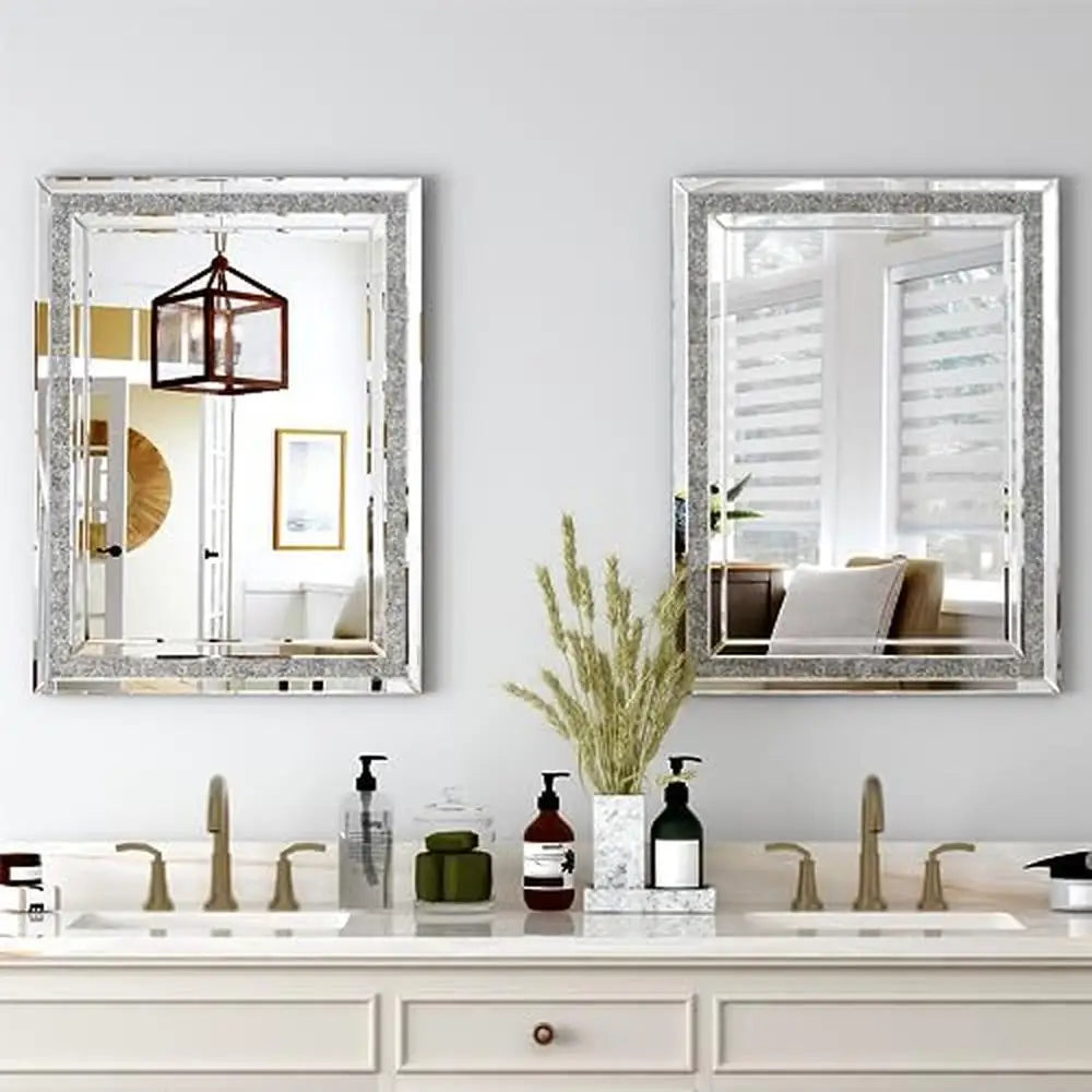 32x24 Crushed Diamond Beveled Wall Mirror Decor Silver Luxury Modern MDF Home Decoration High-End Sturdy Hooks