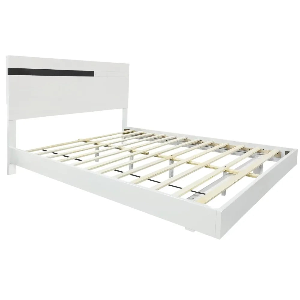 Modern High Gloss 3 Piece Bedroom Set Floating Queen Size Platform Bed with LED Light and 2 Nightstands in White