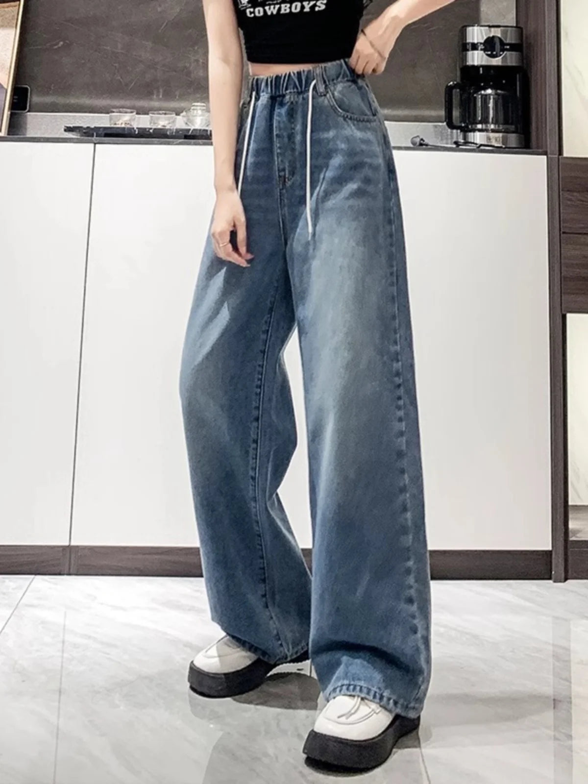 Loose Wide Leg Jeans High Waist Light Blue Women's plus Size Elastic Waist Dstring Trousers Slimming Long Pants