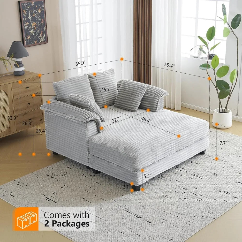 56 Inch Oversized Chaise Lounge Chair Light Grey Corduroy Sofa