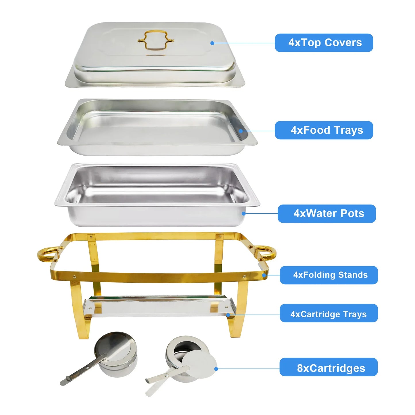 4 Pack Rectangular Chafing Dishes Set 8QT 9QT Semi Gold Plated Stainless Steel Buffet Warmer for Hotel Catering or Wedding Parties