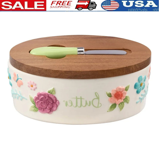 Painted Meadow Butter Dish Set with Acacia Wood Lid and Metal Serving Knife Floral Embossed Stoneware Handcrafted Kitchen Storage