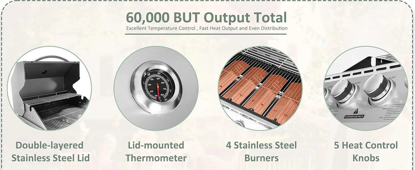 Propane Gas Grill Four Burners with Side Burner Stainless Steel Grill Cart with Wheels for Outdoor Patio Garden Backyard Cooking