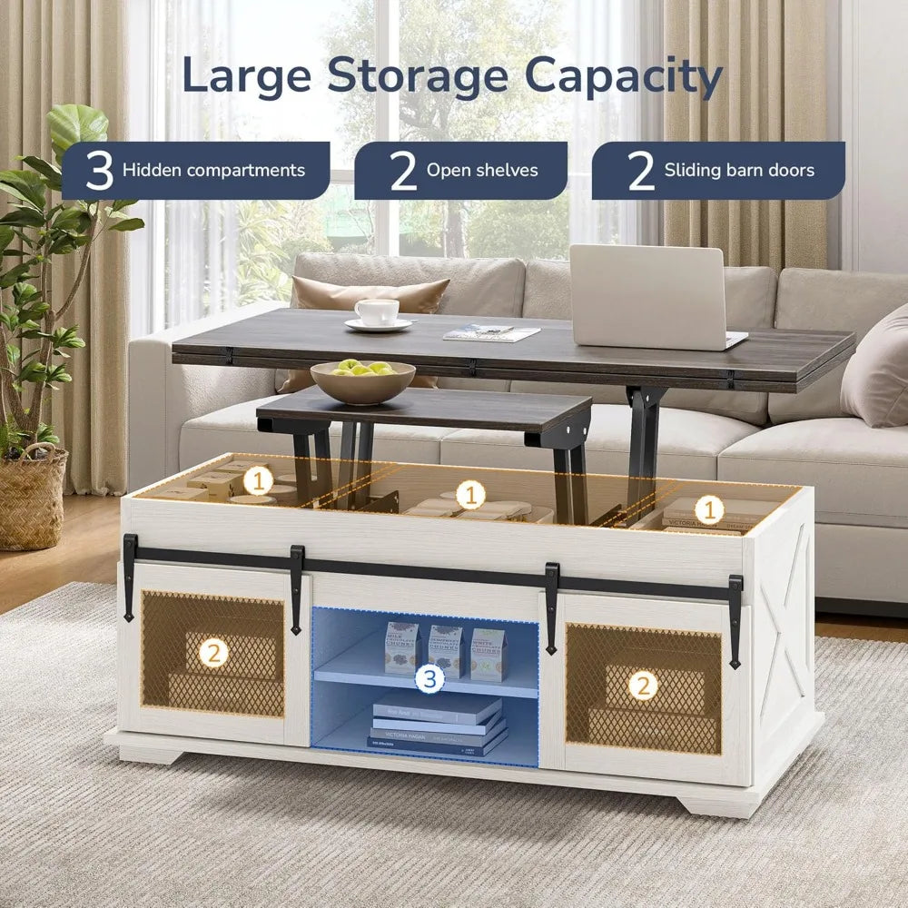 44 Inch Farmhouse Lift Top Coffee Table with Storage and Sliding Barn Doors White Sand Multi Function Rectangle for Living Room Dining Reception
