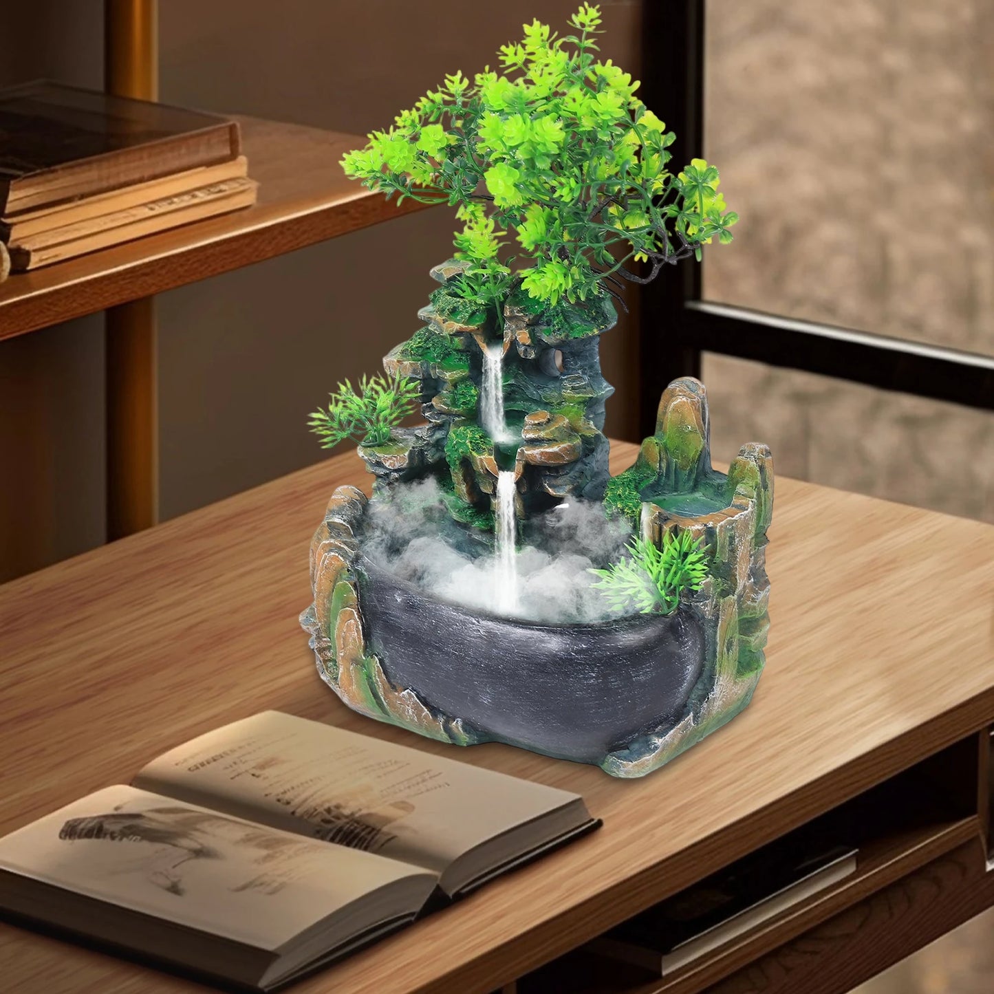 Resin Desktop Fountain With Light Base Power Line Tabletop Mountain Waterfall Rockery Decorative Ornament For Indoor