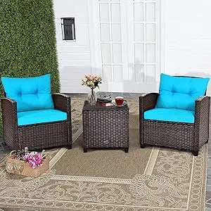 3 Piece Patio Furniture Set, Wicker Bistro Conversation Set w/ 2 Cushioned Armchairs & Glass Topped Table, Outdoor Rattan Sofa