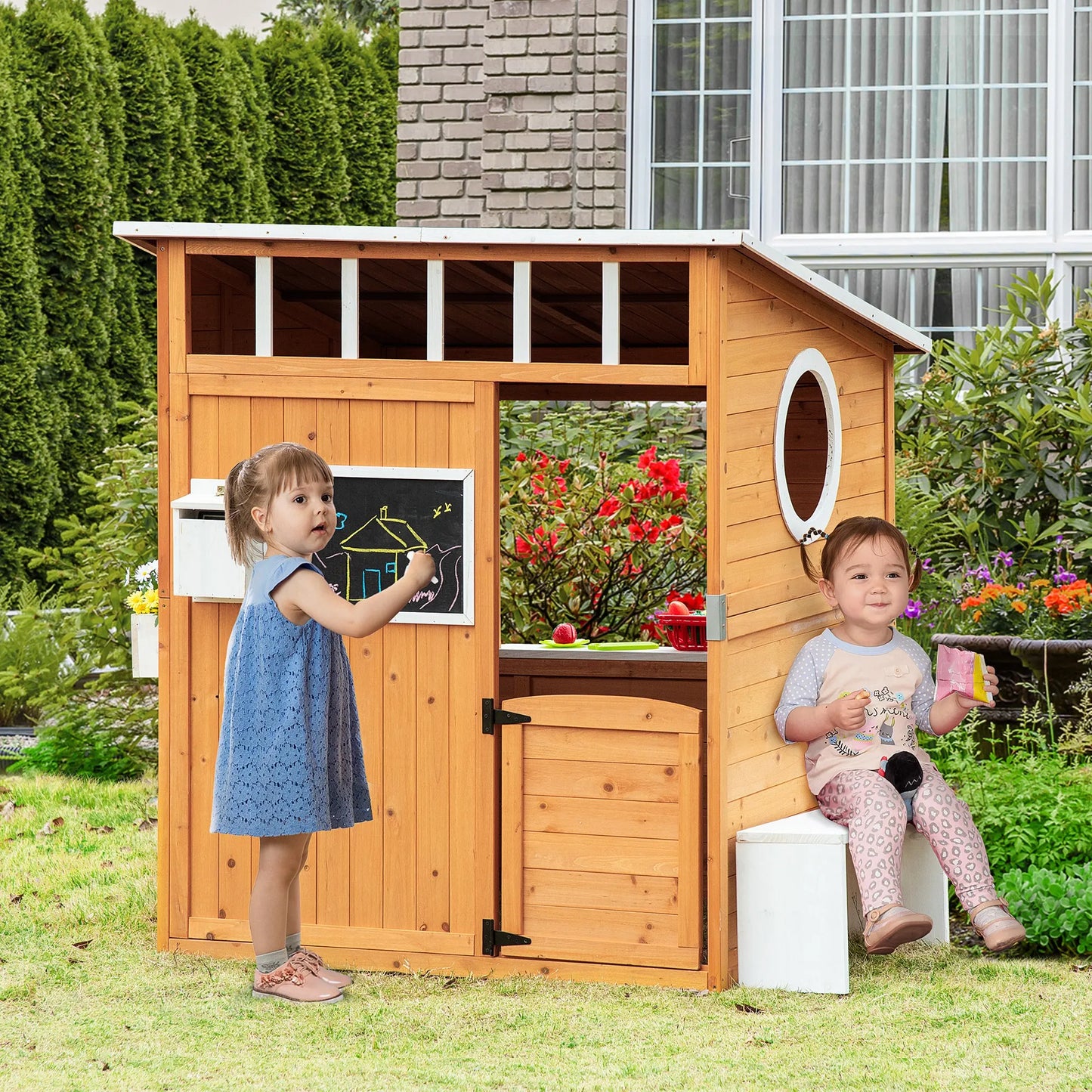 Outsunny Wooden Playhouse for Kids Outdoor with Door and Windows