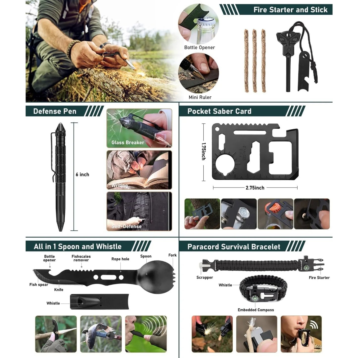 Survival kit, 262 pieces of survival equipment and supplies, first aid kit and crossbody bag