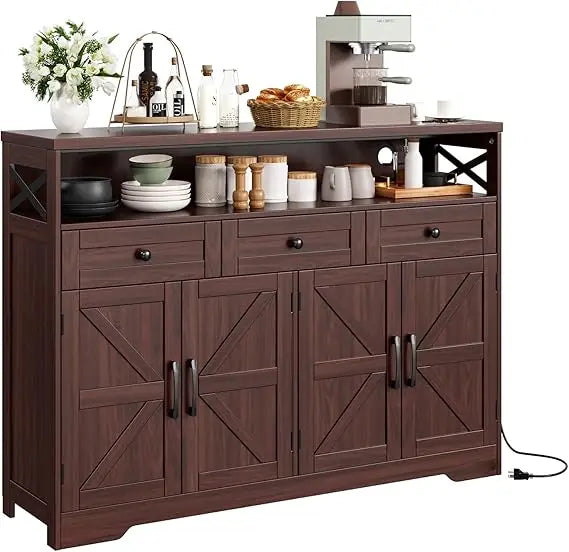 Farmhouse Buffet Cabinet with Drawers & Open Shelf Storage
