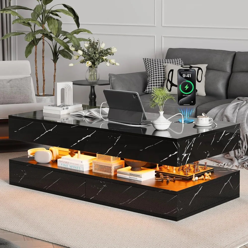Modern LED Coffee Table 47 Inch High Gloss Double Layer Center Table with Wireless Charging and Built in Bluetooth 2 Drawers Black Marble Finish