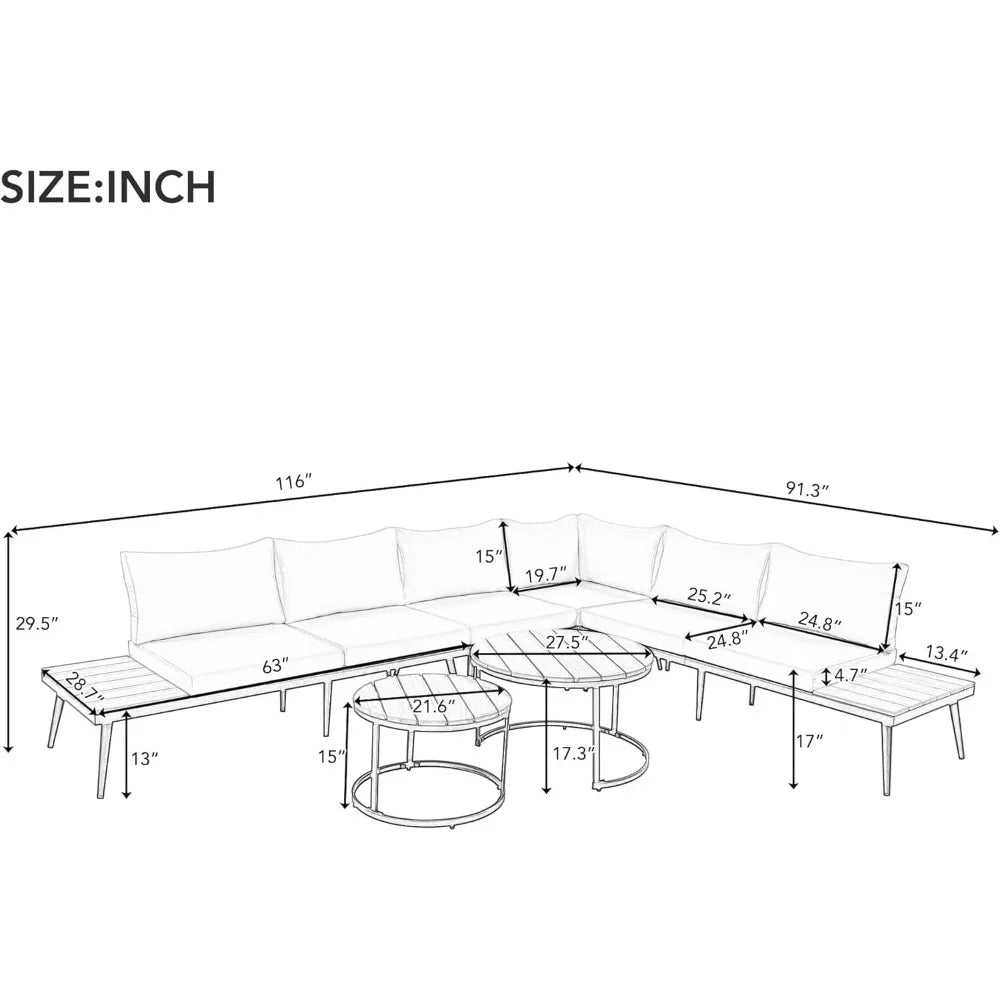 Modern Outdoor Sectional Sofa Set with Round Nesting Coffee Tables and Cushions 6 Piece Patio Furniture Set for Porch Garden Pool