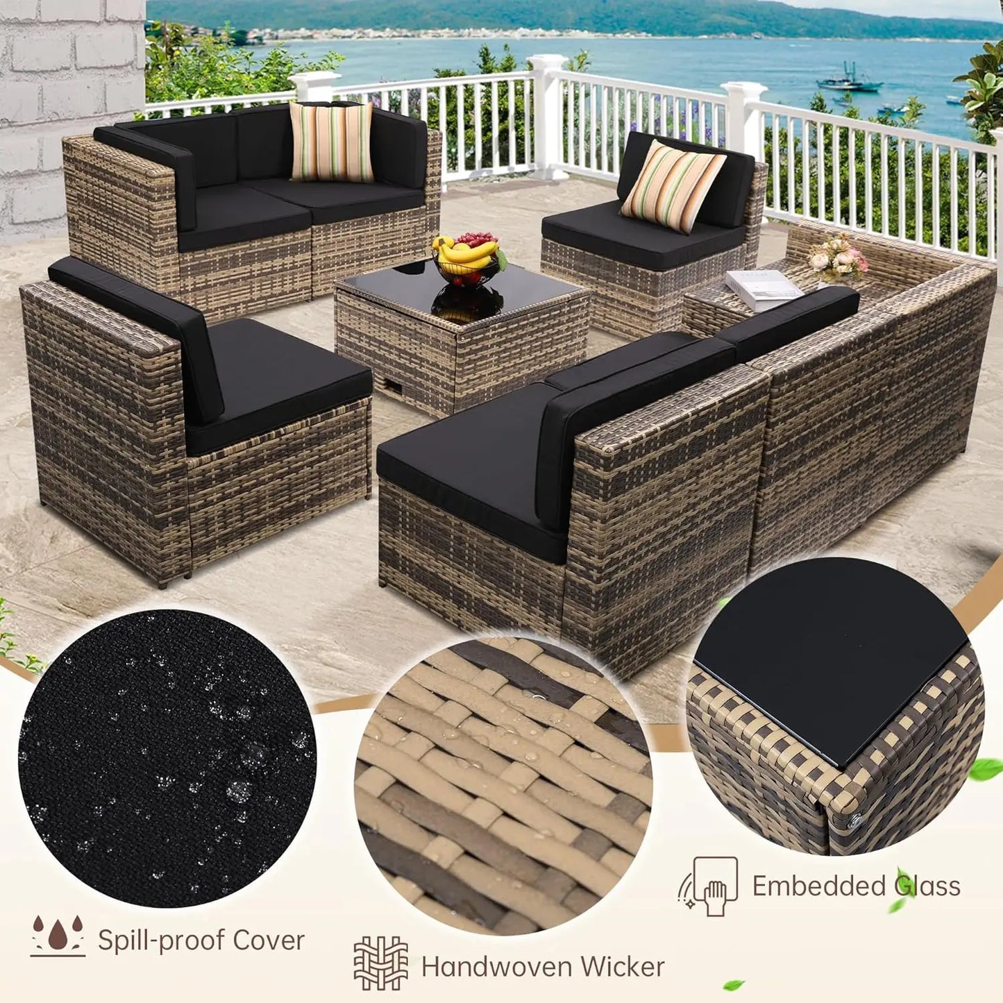 8 Pieces Outdoor Wicker Rattan Patio Furniture Sectional Set