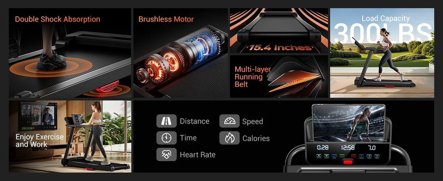 3.0HP Brushless Foldable Treadmill for Home Use 300LB Capacity with Heart Rate Monitor and Dual Shock Absorption