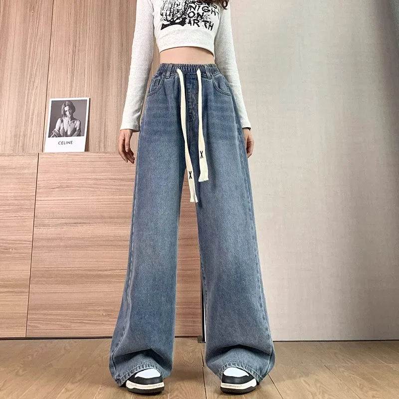 Loose Wide Leg Jeans High Waist Light Blue Women's plus Size Elastic Waist Dstring Trousers Slimming Long Pants