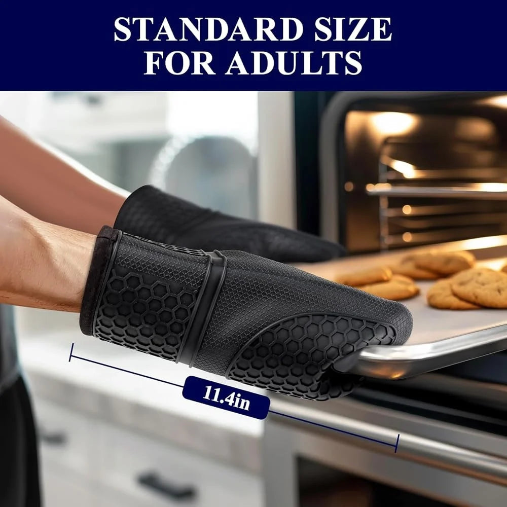 Silicone Oven Mitts Set Heat Resistant Gloves Non-Slip Kitchen Essentials Soft Lining Easy Clean Storage Grilling Baking BBQ