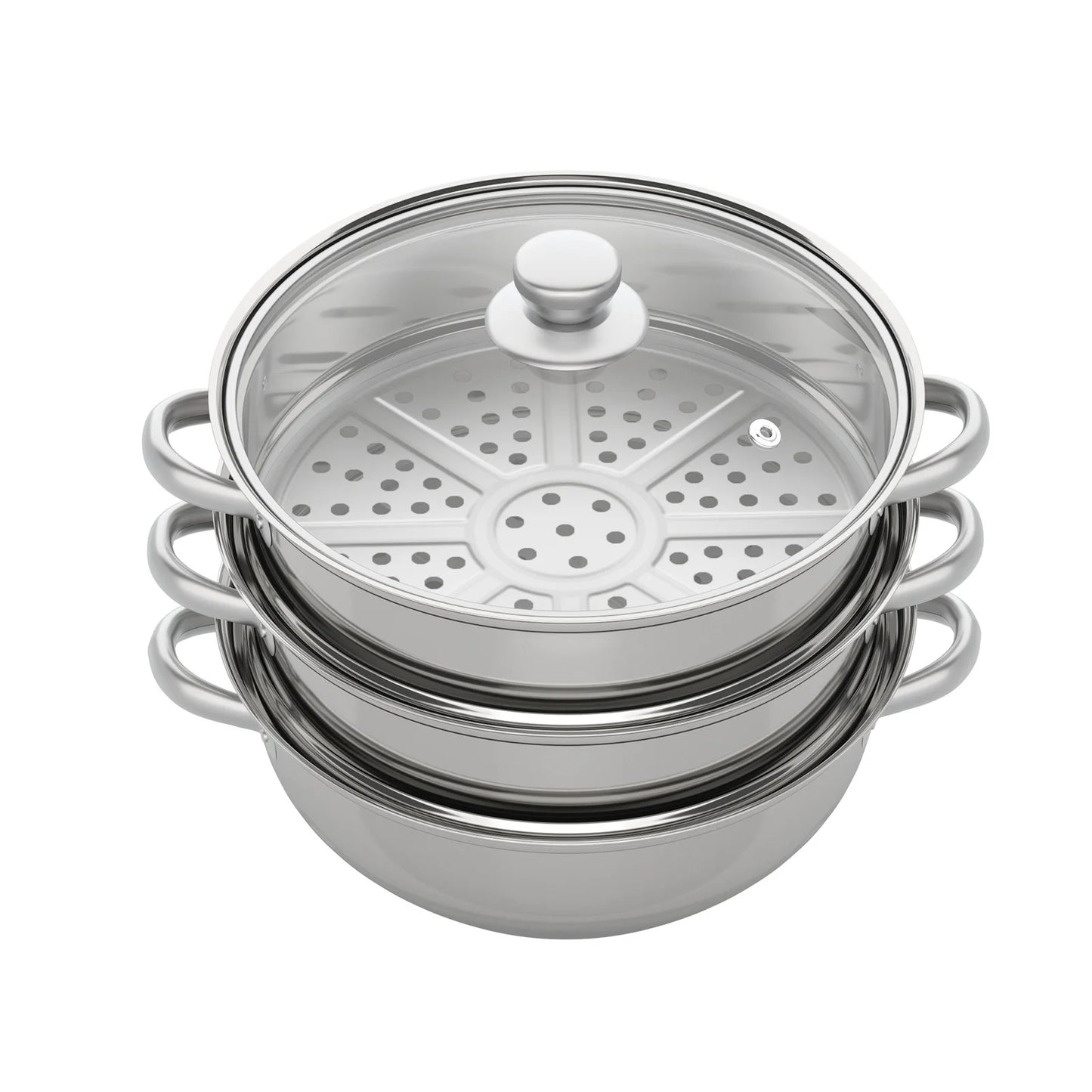 3 Tier Stainless Steel Steamer 28cm Overlapping Kitchen Soup Cooker Set with Glass Lid Silver