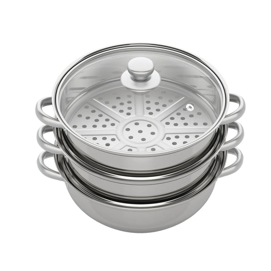 3 Tier Stainless Steel Steamer 28cm Overlapping Kitchen Soup Cooker Set with Glass Lid Silver