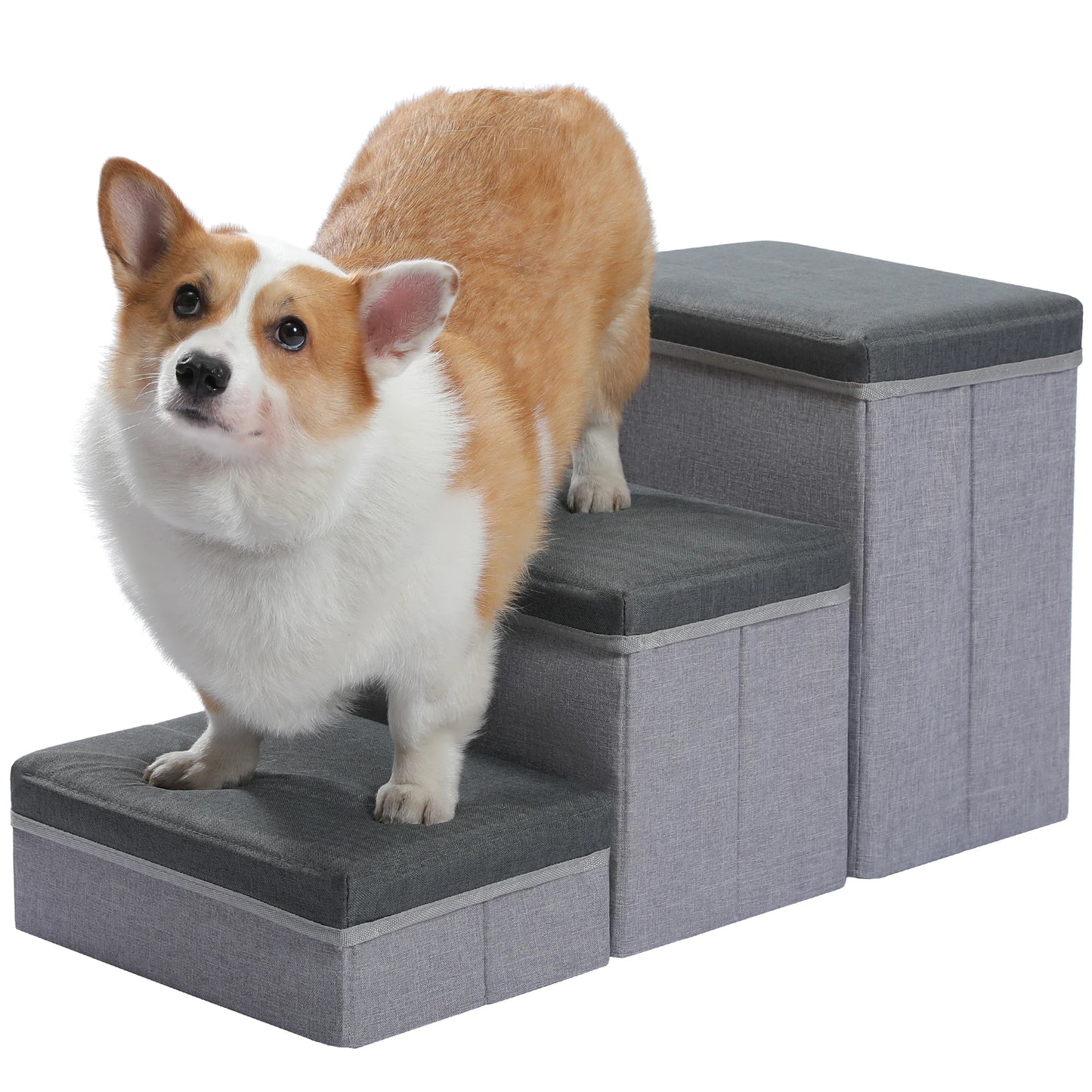 3-Tier Foldable Dog Stairs with Storage Adjustable Height Non-Slip Pet Steps for Small Old Dogs And Cats Brown/Grey/Dark Grey
