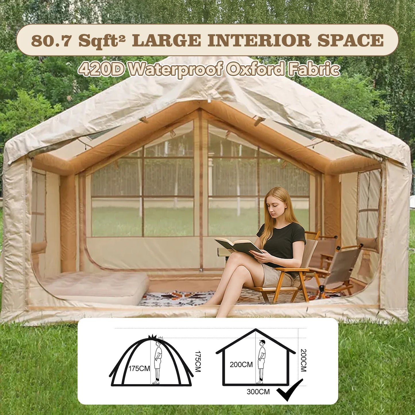 80.7 Square Feet Inflatable Glamping Tent with Air Conditioning Vent Waterproof Oxford Fabric Camping Shelter for 5 to 8 People