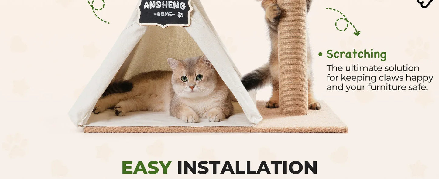 MEWOOFUN 60cm Tall Cats Scratching Post Teepee with Simulated Leaves Wooden Cat Tree Pet Bed Tent Indoor Play House for Cats