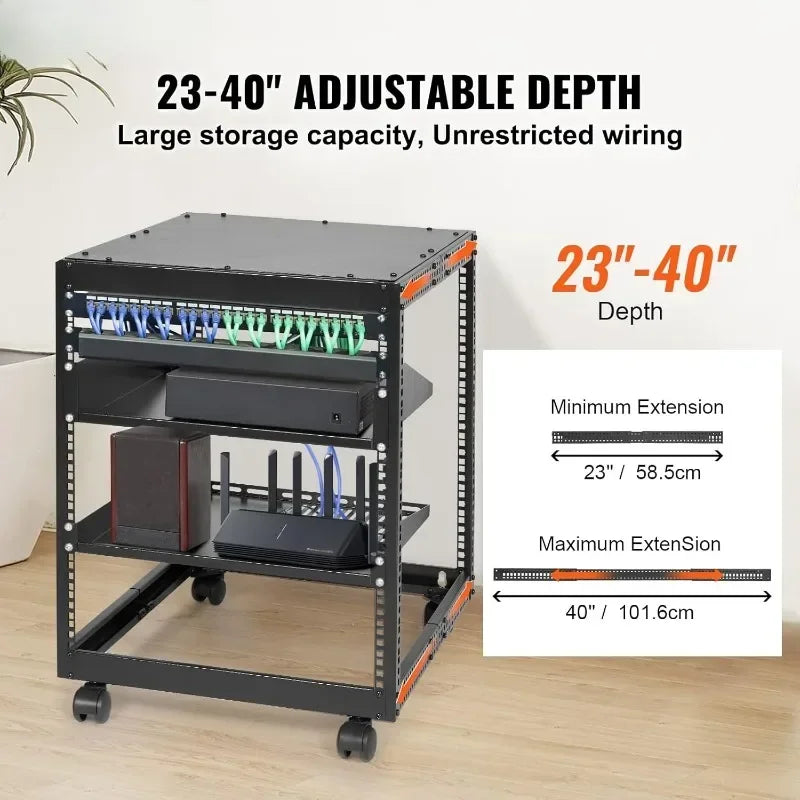 12U Open Frame Server Rack 23 to 40 Inch Adjustable Depth Free Standing or Wall Mount 4 Post AV Network Server Rack Modern Style