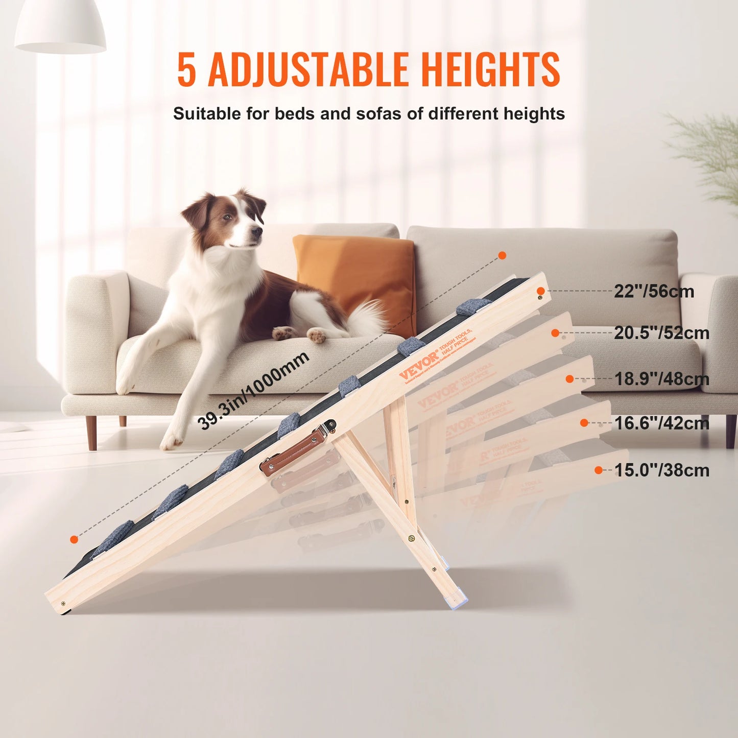VEVOR Adjustable Dog Ramp Folding Anti-slip Wooden Pet Stairs for Small Old Dogs Easy Climbing Ramp for Sofa Car Bed