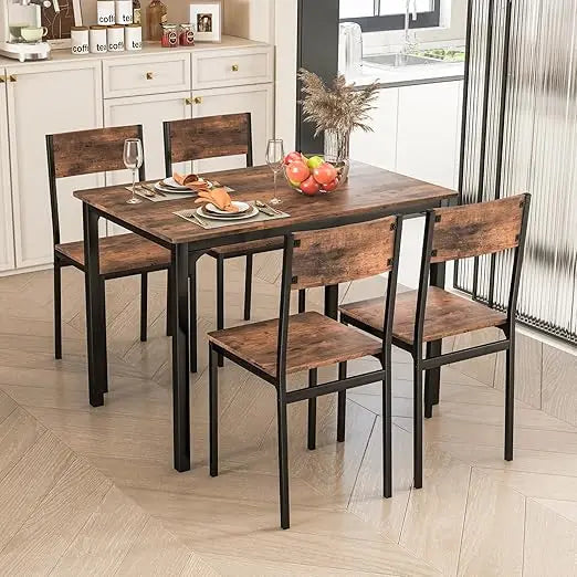 GOFLAME 5-Piece Dining Table Set, Industrial Kitchen Table and Chairs for 4 with Backrest and Metal Frame, Rectangular Space-Saver