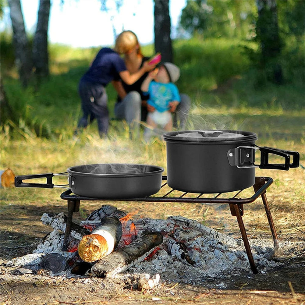 Camping Pot and Pan Set Foldable Spoon/Fork/Knife Outdoor Tableware Equipment Serves for 2-3 Person for Hiking Picnic