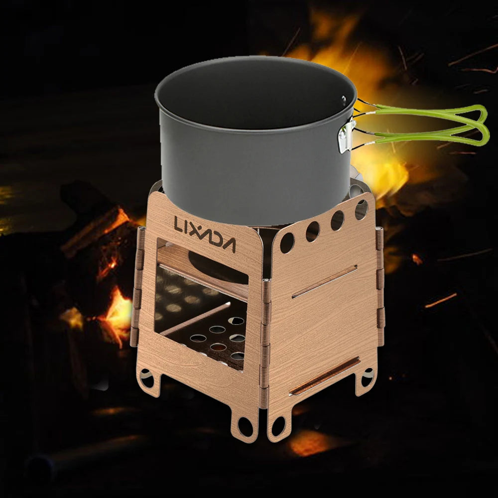 Portable Stainless Steel BBQ Stove Lightweight Folding Wood Outdoor Camping Cooking Picnic Backpacking Wind Shield with Ignition