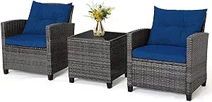 3 Piece Patio Furniture Set, Wicker Bistro Conversation Set w/ 2 Cushioned Armchairs & Glass Topped Table, Outdoor Rattan Sofa