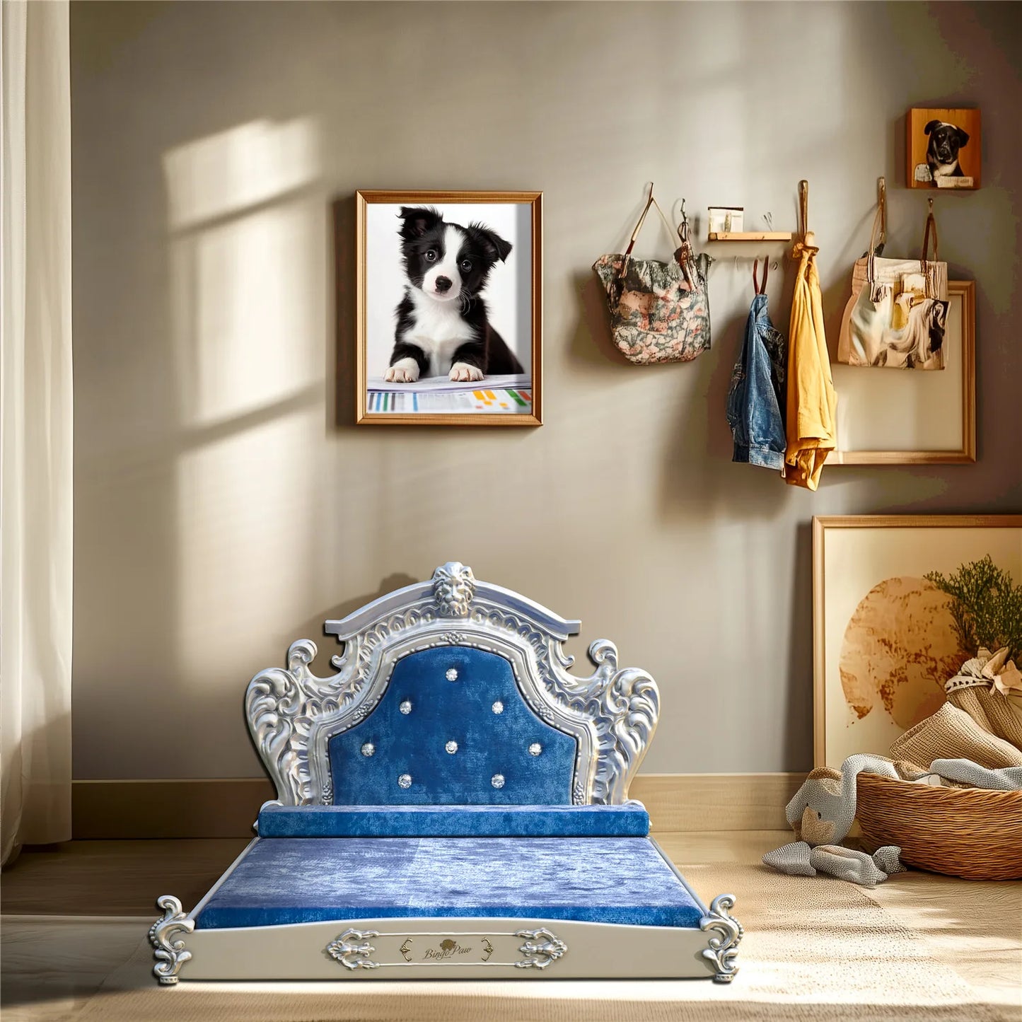 Bingopaw Dutch Velvet Pet Bed with Headboard European Style Luxury Dog Cat Bed for Medium to Large Breeds Eco-Friendly Nylon