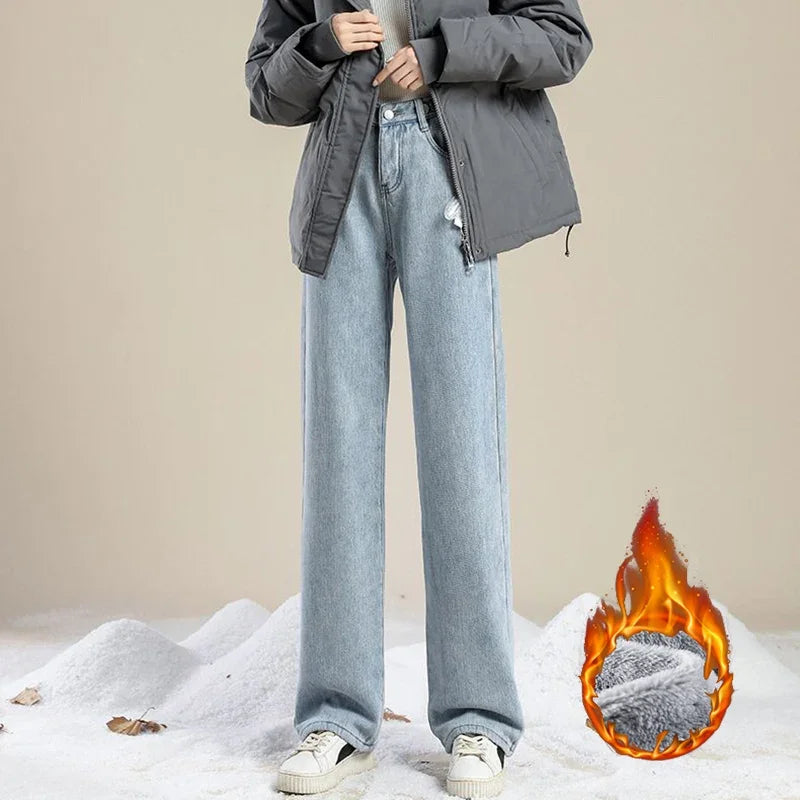 Winter Girls Plush Thermal High Waist Solid Jeans Lady Fleece Snow Warm Denim Pants Women Baggy Straight Leg Daily Trousers