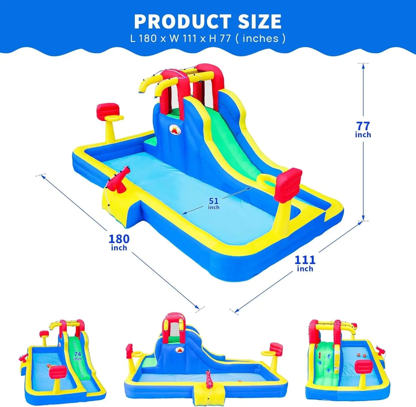 Water Park with Blower, Bouncy Castle with Water Cannon and Double Basketball Rings