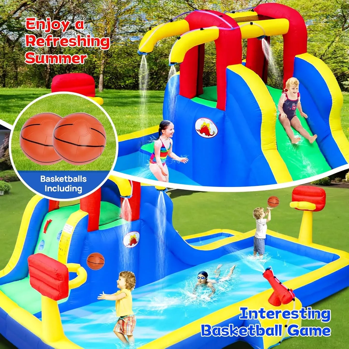 Water Park with Blower, Bouncy Castle with Water Cannon and Double Basketball Rings