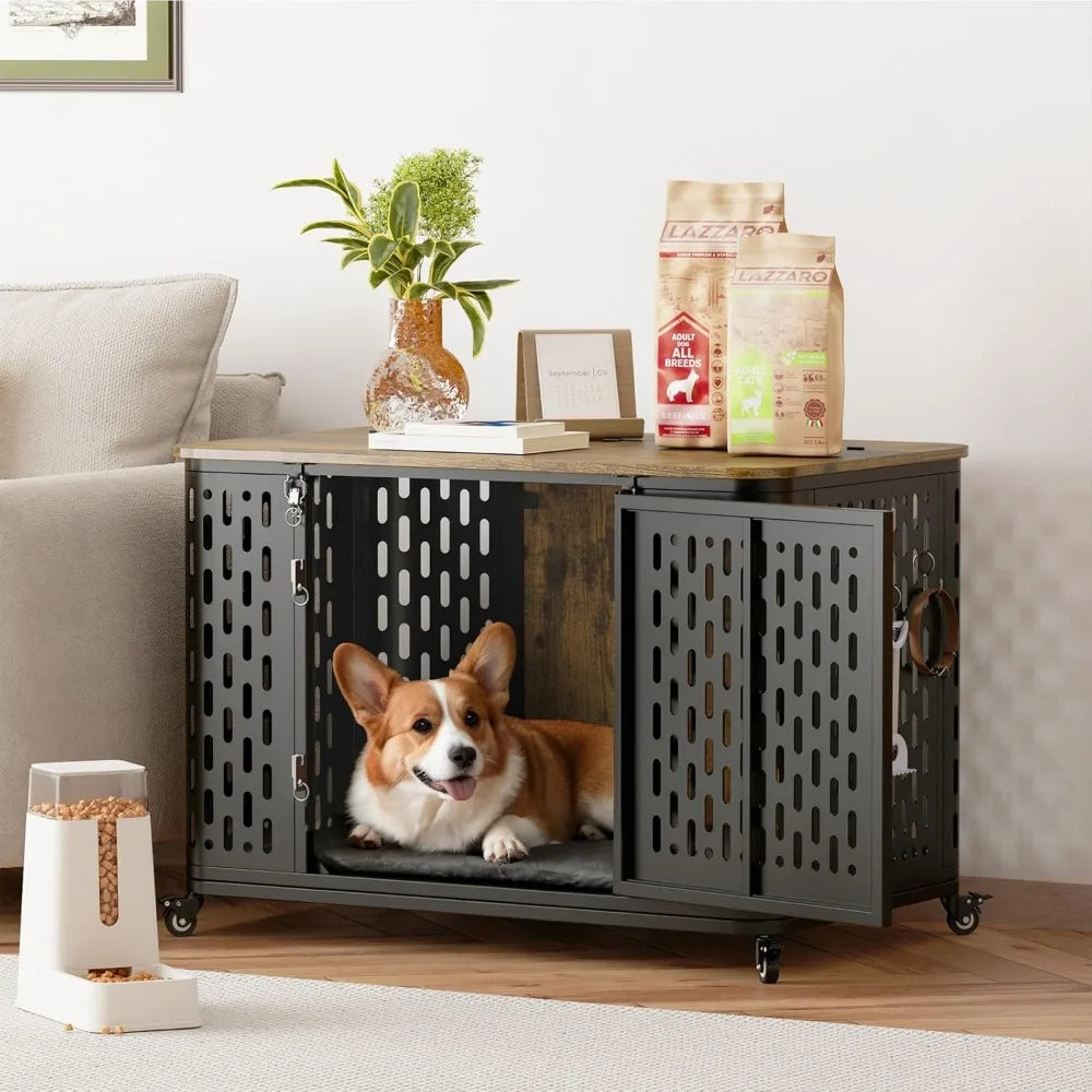 Heavy Duty Wood Dog Crate with Cushion Flip Top & Wheels Escape Proof Pet Cage for High Anxiety Dogs Furniture Style