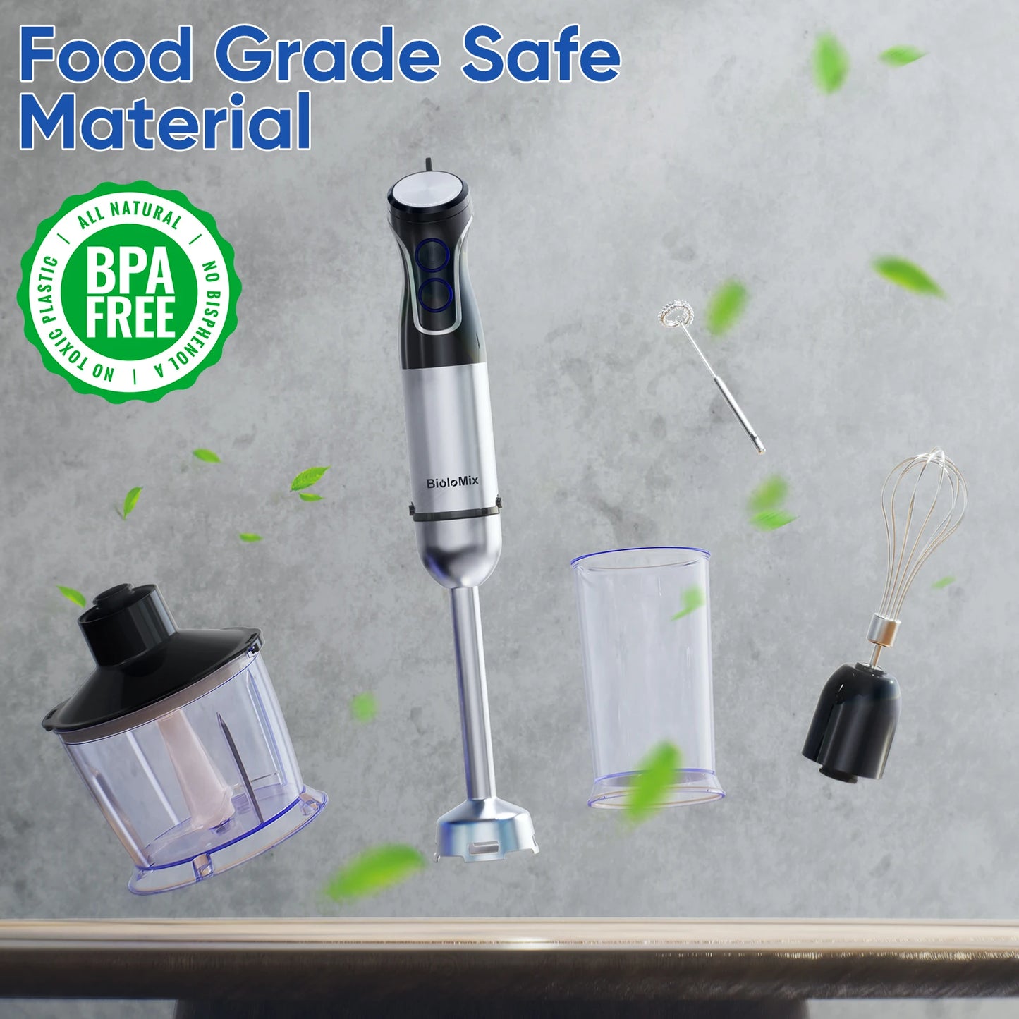 BioloMix 5 in 1 Immersion Hand Blender 1500 Watt Powerful Stainless Steel Blade Food Processor Smoothie Maker Baby Food Puree Tool