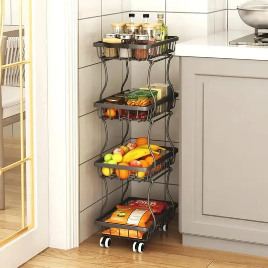 4-Tier Stackable Metal Vegetable Storage Rack - 4 Spacious Baskets, Caster Wheels for Kitchen/Pantry Organization