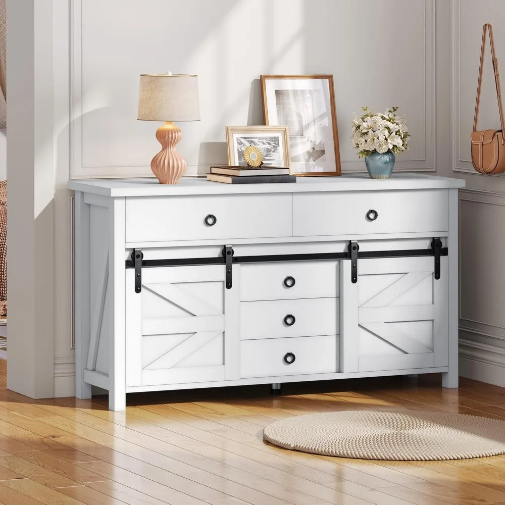 54" Farmhouse Dresser, Large Modern Chest of Drawers, Wood Rustic Dresser TV Stand with 5 Drawers & 2 Sliding Barn Doors