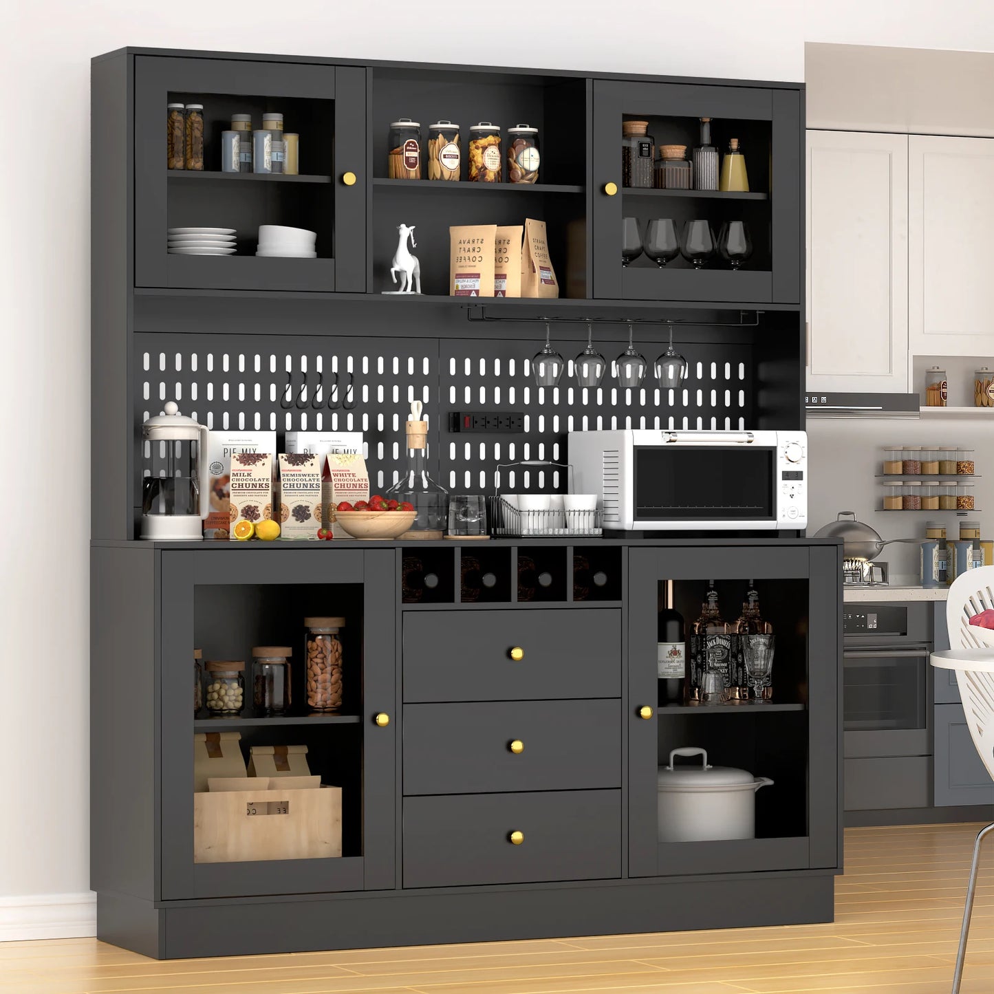 Black Freestanding Kitchen Pantry Cabinet with Pegboard Cup Holder Power Outlet Modern Style Modular Storage Buffet Hutch