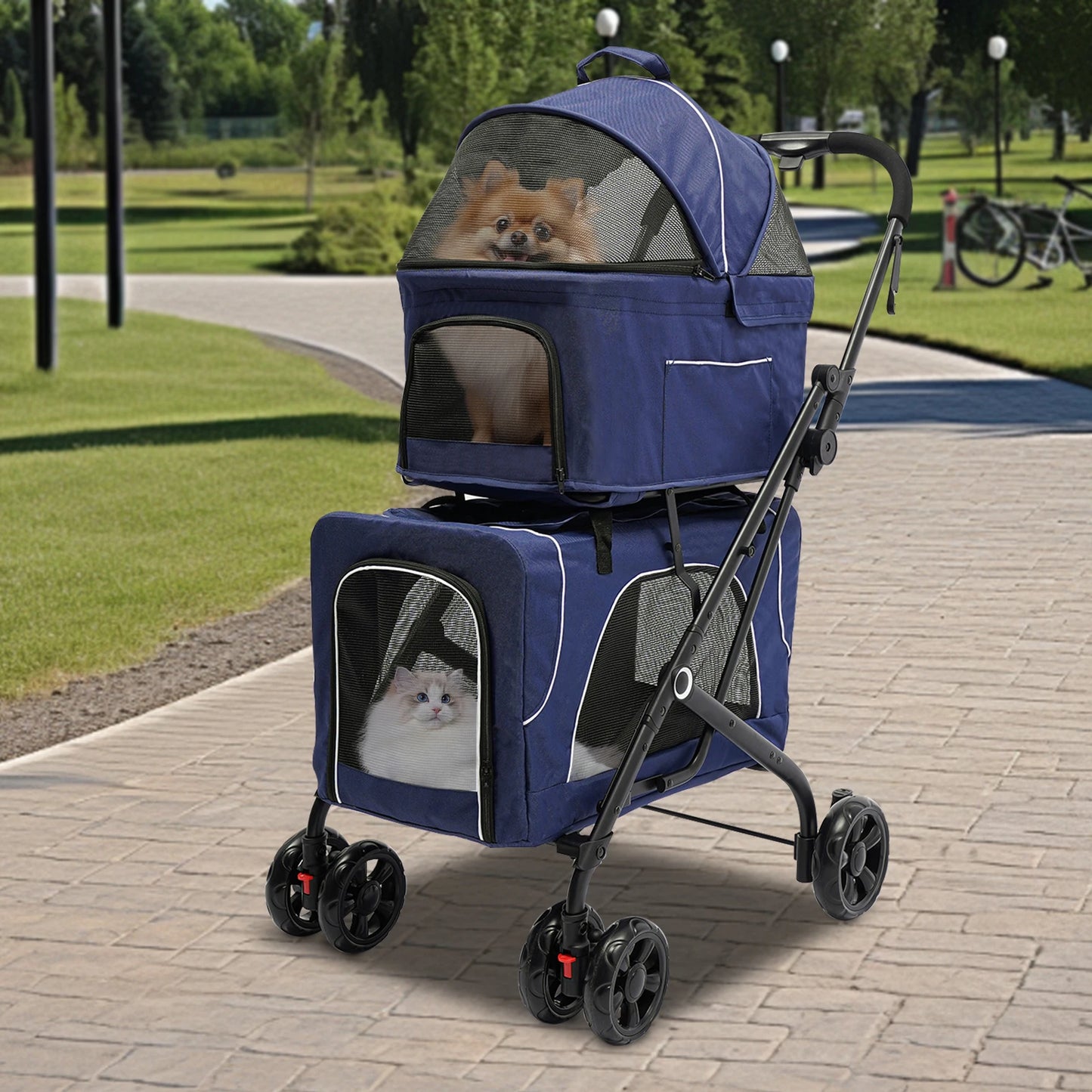 Foldable Pet Stroller Double Dog Cat Carrier with Storage Basket Travel Camping Iron Oxford Cloth Dog Travel Stroller for All Breeds