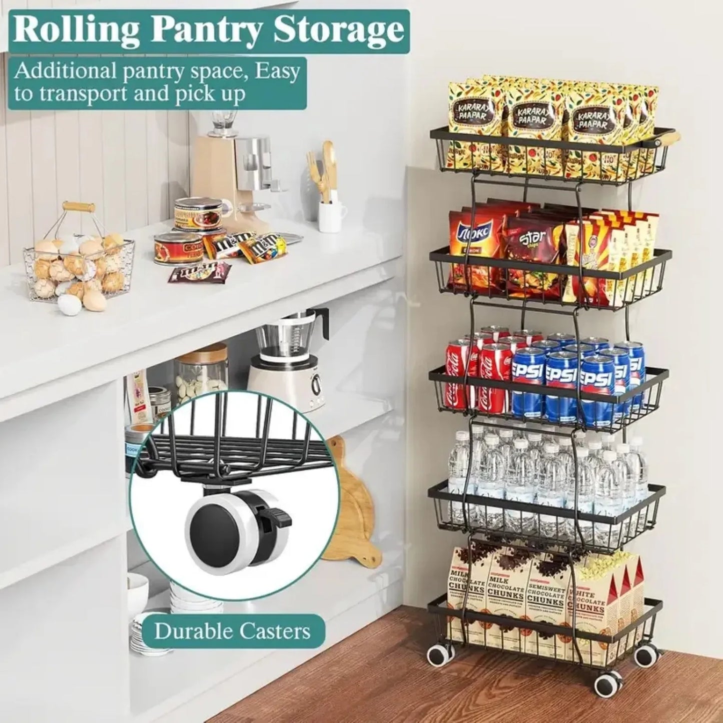 4-Tier Stackable Metal Vegetable Storage Rack - 4 Spacious Baskets, Caster Wheels for Kitchen/Pantry Organization